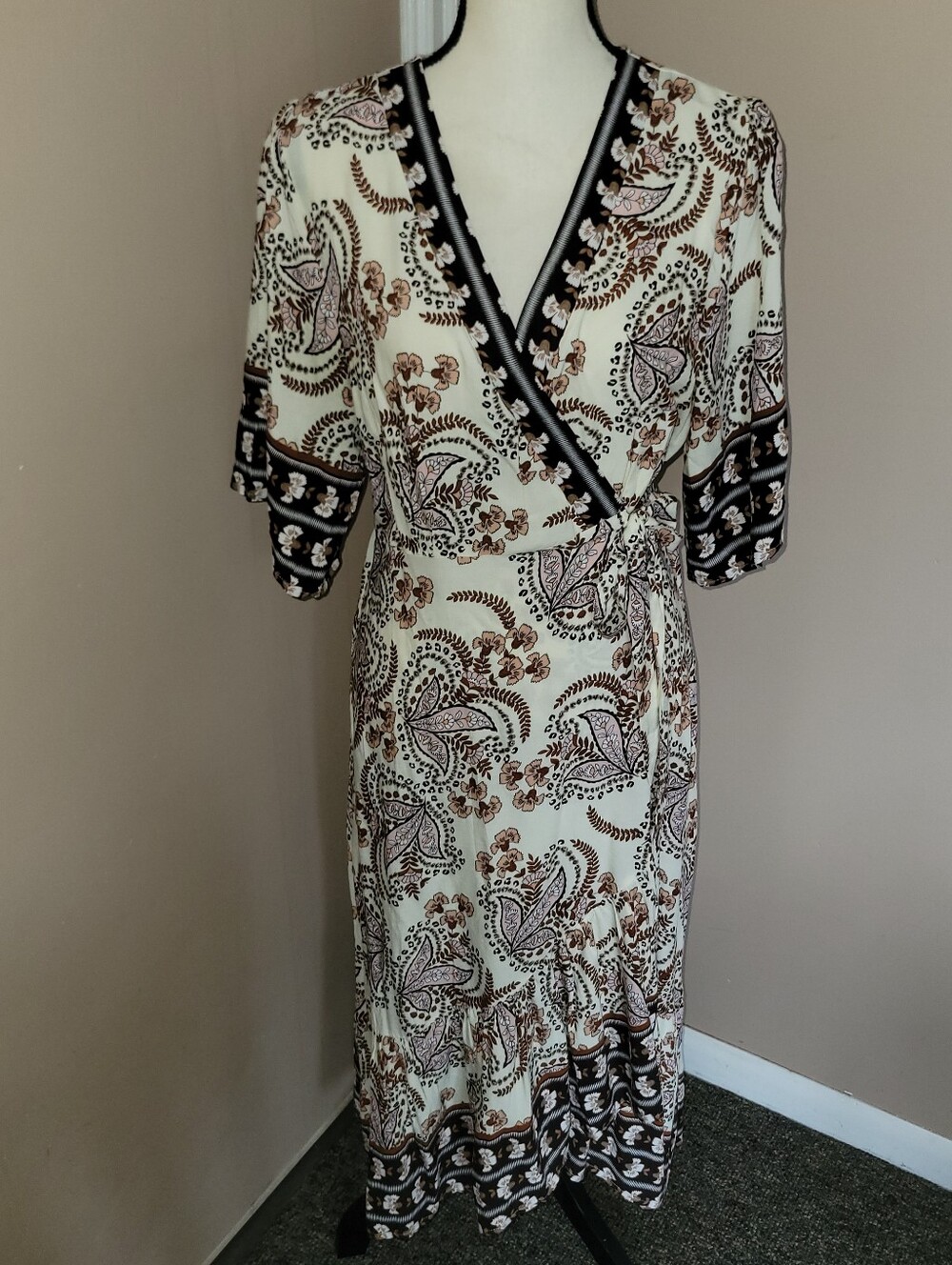 Suzanne Betro Ivory Paisley Wrap Midi Dress with Brown Trim
